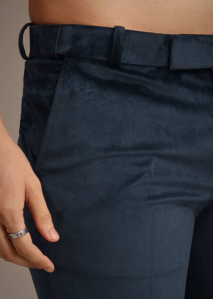 Navy Blue Suede Embroidered Jodhpuri Set With Poth Work
