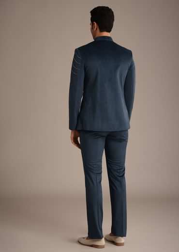 Navy Blue Suede Embroidered Jodhpuri Set With Poth Work