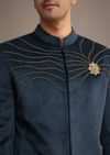 Navy Blue Suede Embroidered Jodhpuri Set With Poth Work
