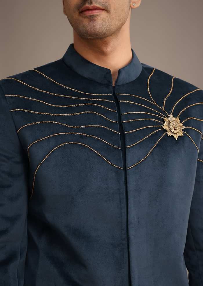 Navy Blue Suede Embroidered Jodhpuri Set With Poth Work
