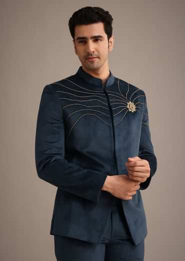 Navy Blue Suede Embroidered Jodhpuri Set With Poth Work