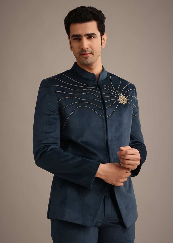 Navy Blue Suede Embroidered Jodhpuri Set With Poth Work