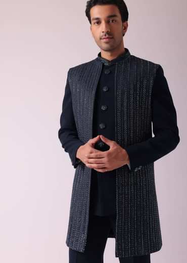 Navy Blue Suiting Fabricted Indowestern With Intricate Cut Work