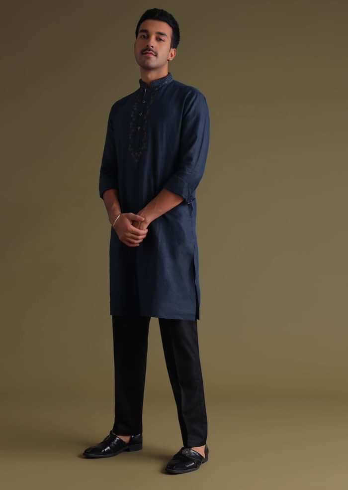 Navy Blue Thread-Embroidered Festive Kurta In Silk