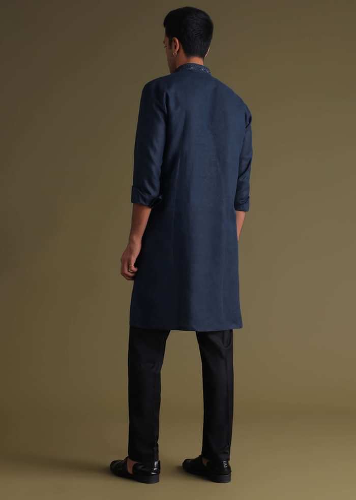 Navy Blue Thread-Embroidered Festive Kurta In Silk