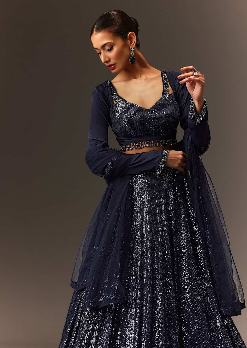 Navy Blue Tie Up Blouse And Embroidered Lehenga With Detailed Border Dupatta