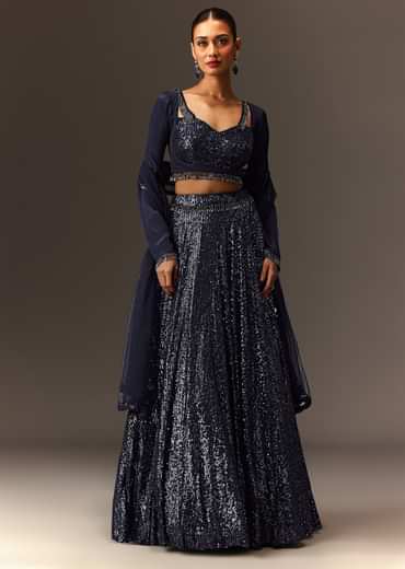 Navy Blue Tie Up Blouse And Embroidered Lehenga With Detailed Border Dupatta