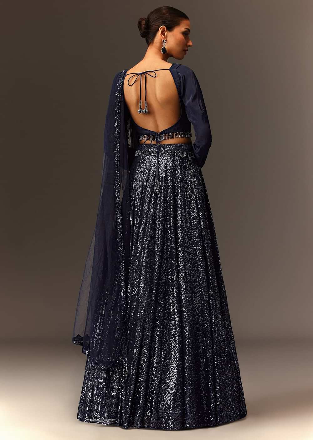 Navy Blue Tie Up Blouse And Embroidered Lehenga With Detailed Border Dupatta