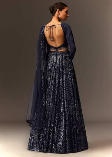 Navy Blue Tie Up Blouse And Embroidered Lehenga With Detailed Border Dupatta