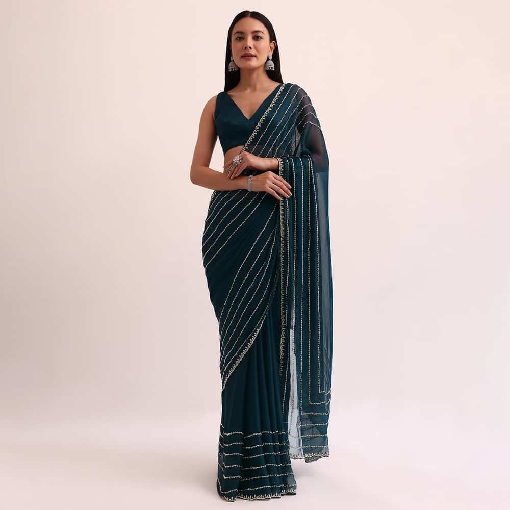Navy Blue Tissue Saree With Cut Dana Embroidery And Unstitched Blouse