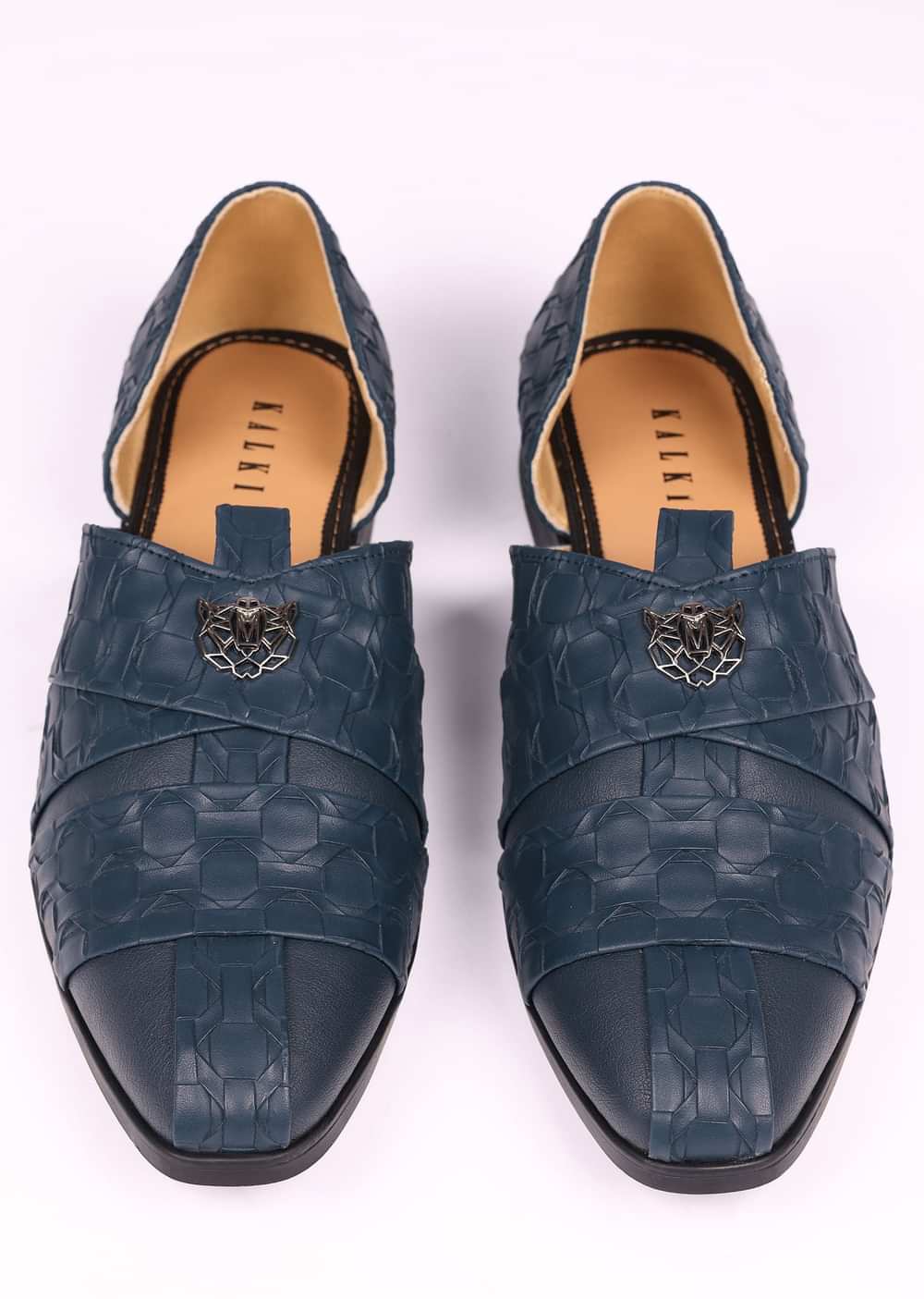 Navy Blue Vegan Leather Jutti With Criss Cross Pattern