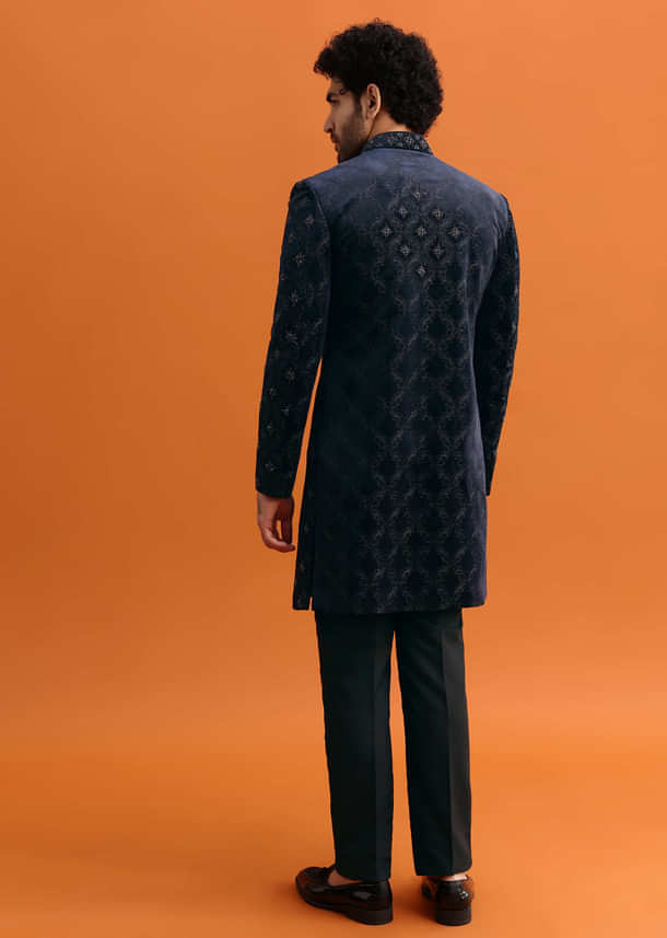Navy Blue Velvet Indowestern Set With Hand Work For Men