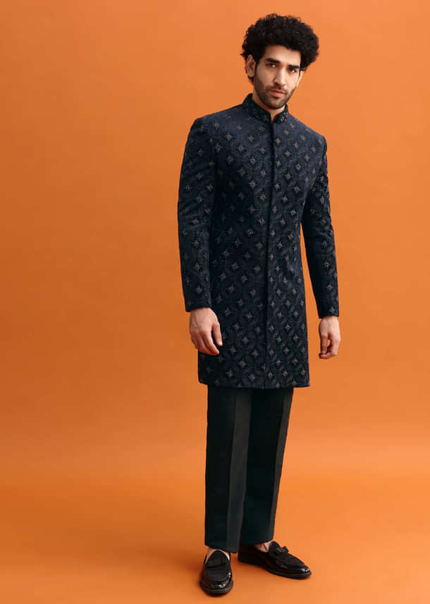 Navy Blue Velvet Indowestern Set With Hand Work For Men