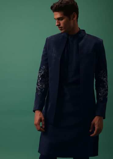 Navy Suede Jodhpuri And Kurta Set With Antique Geometric Embroidery