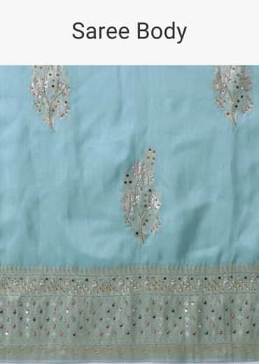 Mint Green Embroidered Saree In Dola Silk