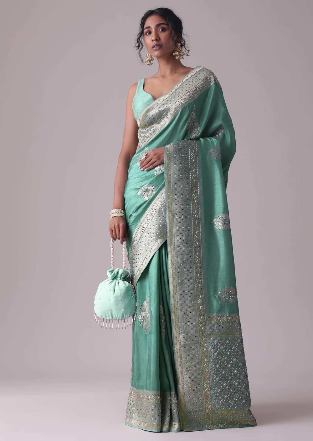 Mint Green Embroidered Saree In Dola Silk