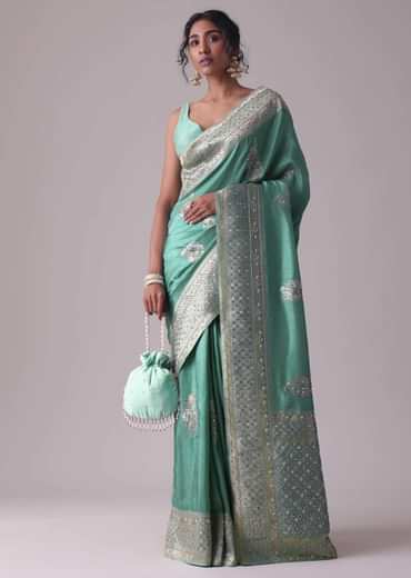 Mint Green Embroidered Saree In Dola Silk