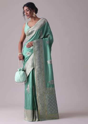 Mint Green Embroidered Saree In Dola Silk