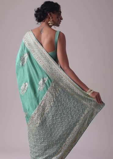 Mint Green Embroidered Saree In Dola Silk
