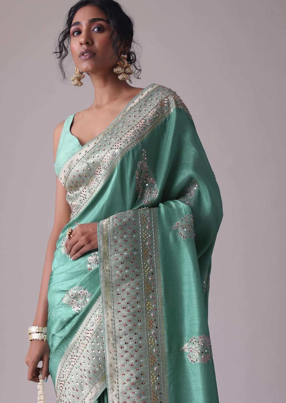 Mint Green Embroidered Saree In Dola Silk