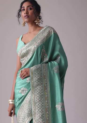 Mint Green Embroidered Saree In Dola Silk