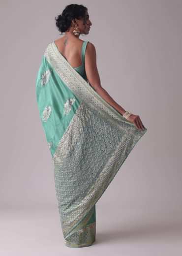 Mint Green Embroidered Saree In Dola Silk