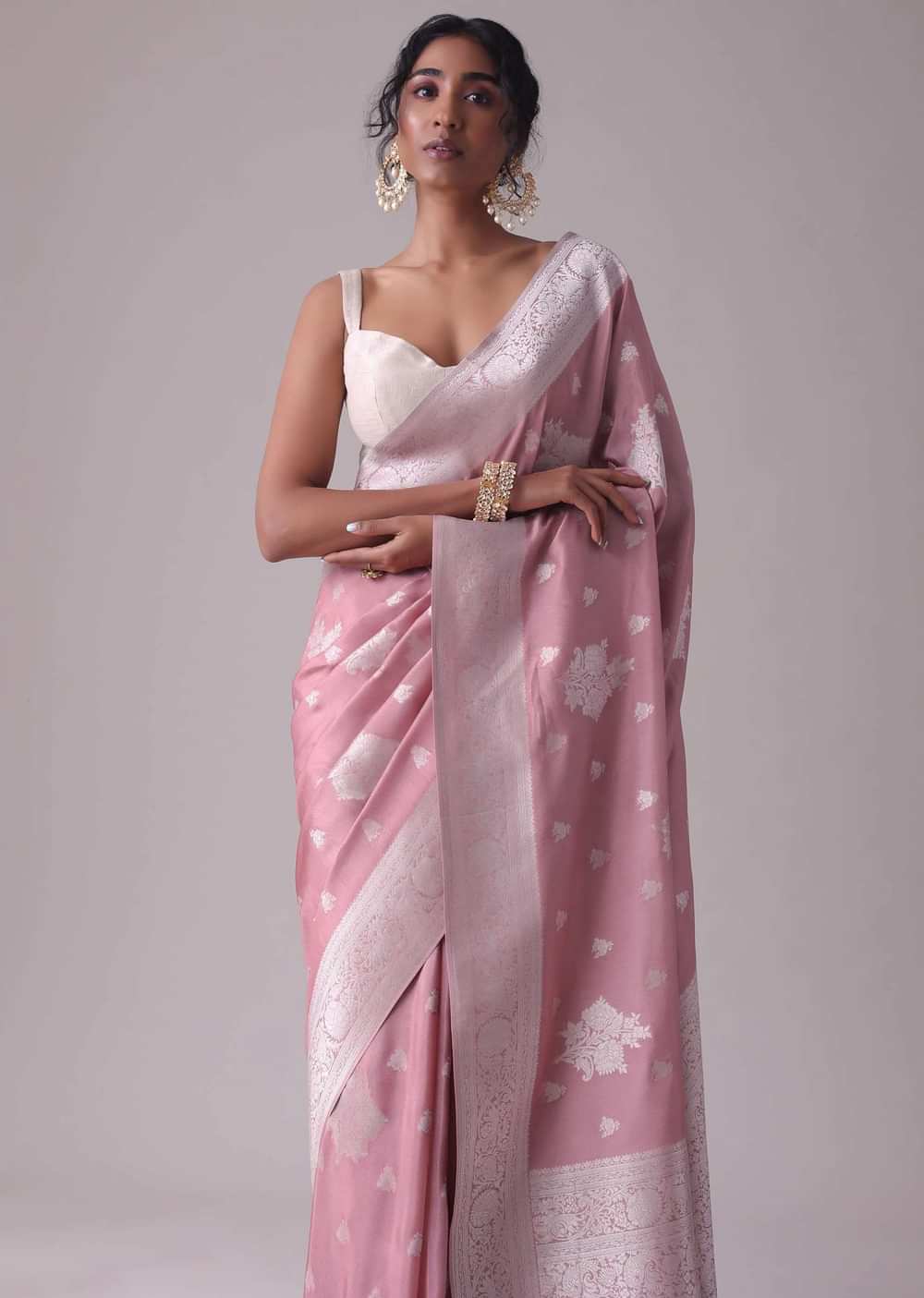 Nostalgia Rose Pink Woven Saree In Dola Silk And Silver Weave