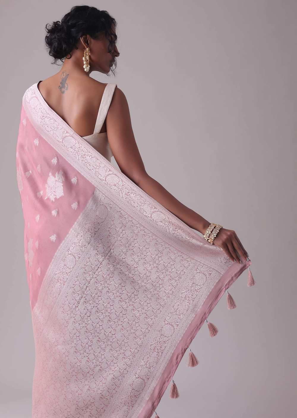 Nostalgia Rose Pink Woven Saree In Dola Silk And Silver Weave