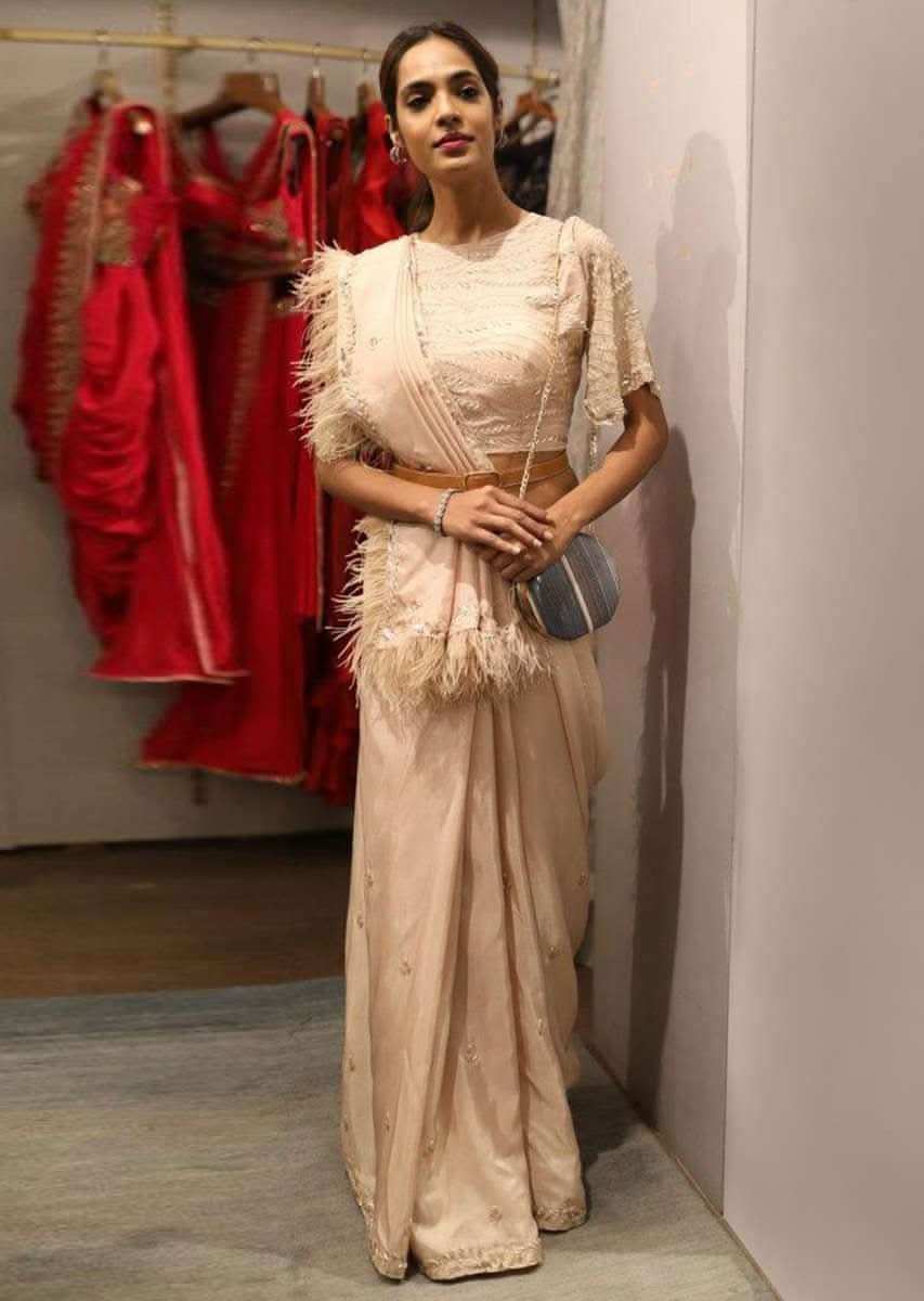 Nude Beige Saree In Silk With Feather Fringes And Embellished With Sequins And Beads Online - Kalki Fashion