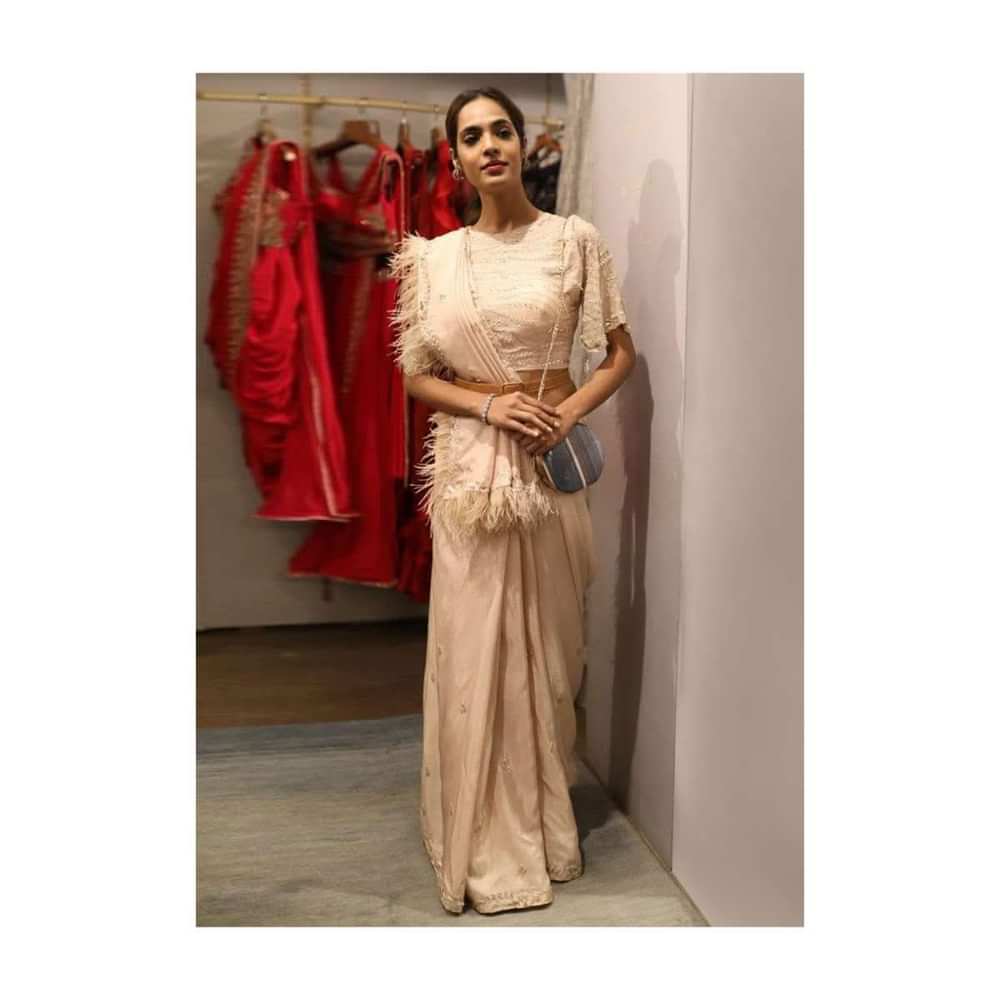 Nude Beige Saree In Silk With Feather Fringes And Embellished With Sequins And Beads Online - Kalki Fashion