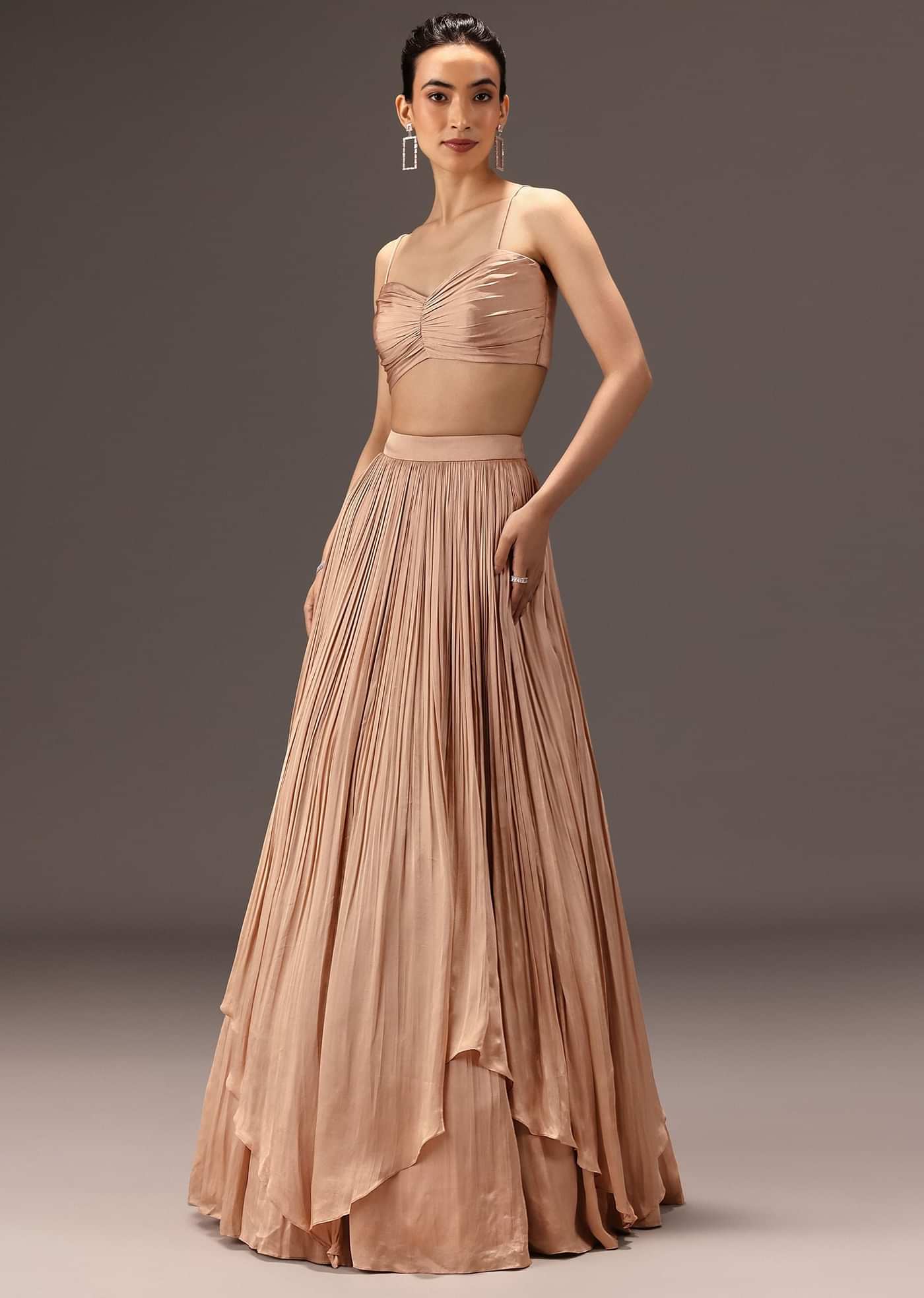 Nude Ruched Blouse With Cape And Layered Skirt