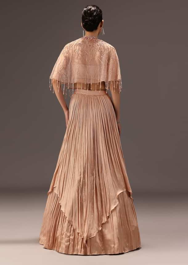 Nude Ruched Blouse With Cape And Layered Skirt