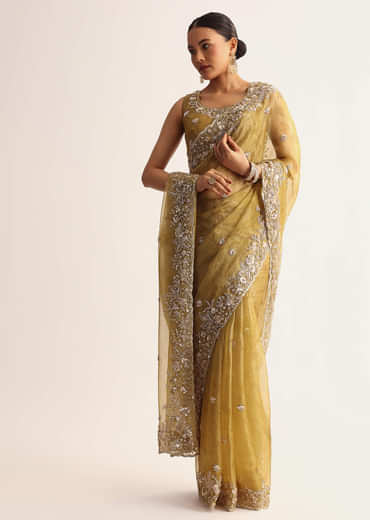 Occur Yellow Tissue Floral Saree With Scallop Embroidered Border