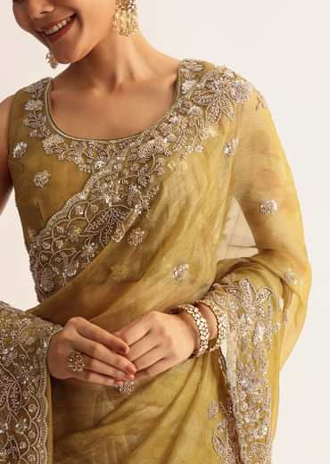 Occur Yellow Tissue Floral Saree With Scallop Embroidered Border