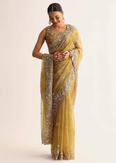 Occur Yellow Tissue Floral Saree With Scallop Embroidered Border
