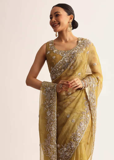 Occur Yellow Tissue Floral Saree With Scallop Embroidered Border