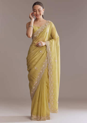 Ochre Yellow Tissue Saree With Zardosi And Stone Embroidery