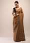 Ochre Brown Saree In Cotton With Multi Color Block Printed Applique And Running Stitch Embroidery