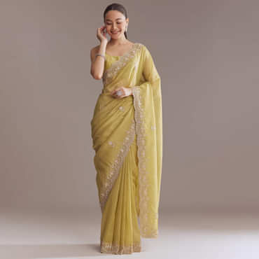 Ochre Yellow Tissue Saree With Zardosi And Stone Embroidery