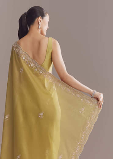 Ochre Yellow Tissue Saree With Zardosi And Stone Embroidery