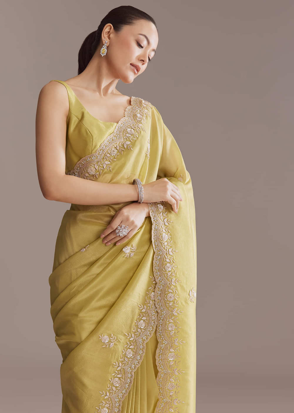 Ochre Yellow Tissue Saree With Zardosi And Stone Embroidery