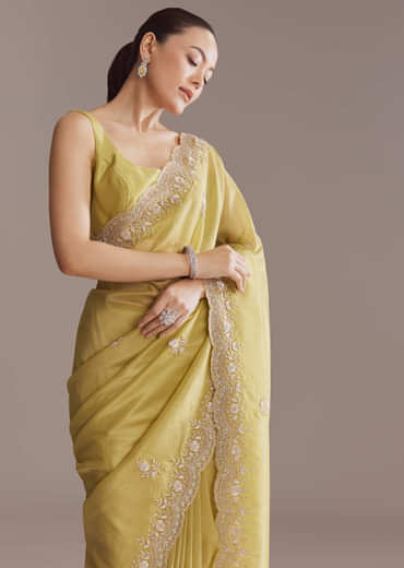 Ochre Yellow Tissue Saree With Zardosi And Stone Embroidery