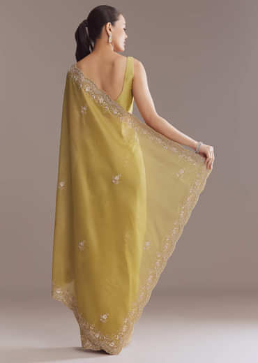 Ochre Yellow Tissue Saree With Zardosi And Stone Embroidery