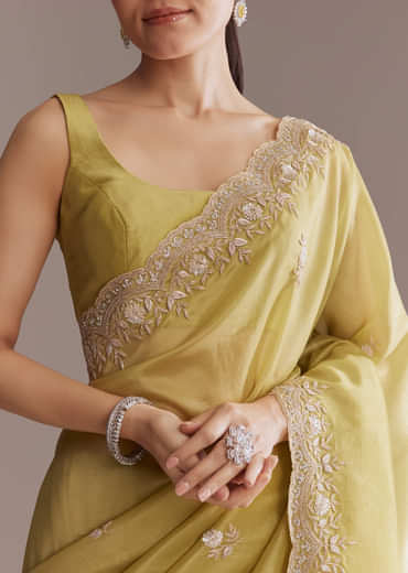 Ochre Yellow Tissue Saree With Zardosi And Stone Embroidery