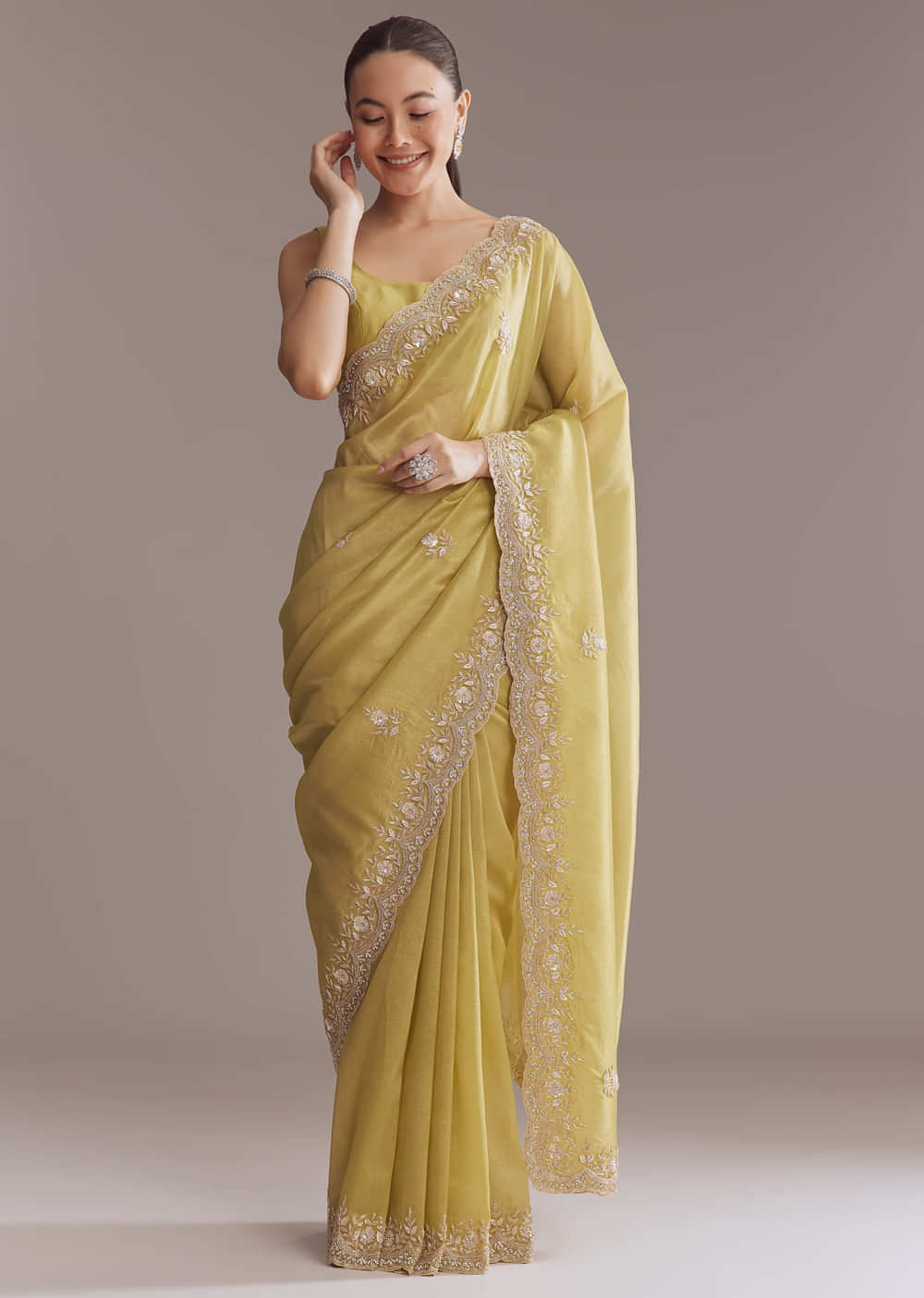 Ochre Yellow Tissue Saree With Zardosi And Stone Embroidery