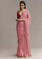 Off White And Red Striped Chinnon Saree With Gota Work
