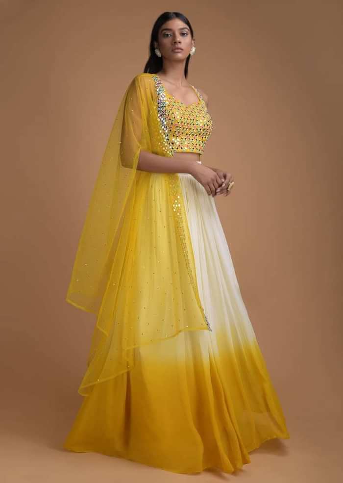 Off White And Sun Yellow Ombre Jacket Lehenga With Abla Embellished Crop Top