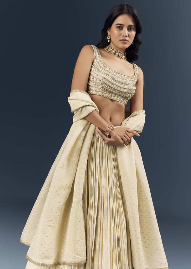 Off White Banarasi Silk Bridesmaid Lehenga With Intricate Hand Embroidery