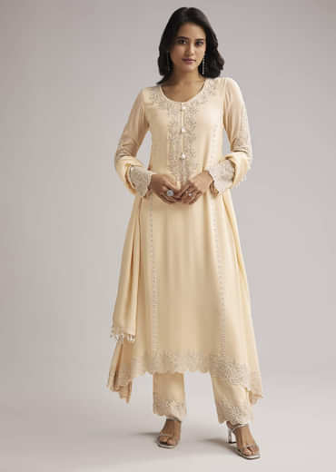 Off White Beaded Kurti Pant Set With Dupatta