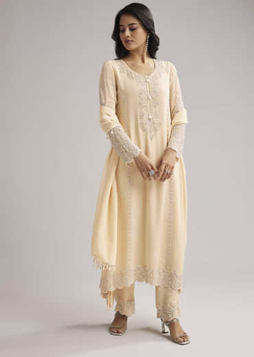 Off White Beaded Kurti Pant Set With Dupatta